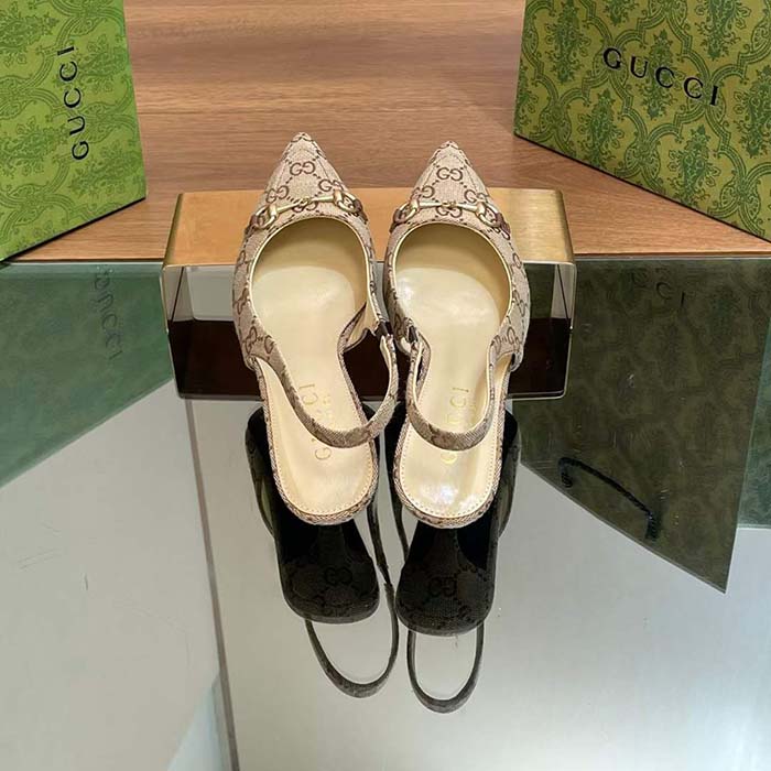 Gucci Women GG Canvas Slingback Pump Beige Ebony Horsebit Low Heel