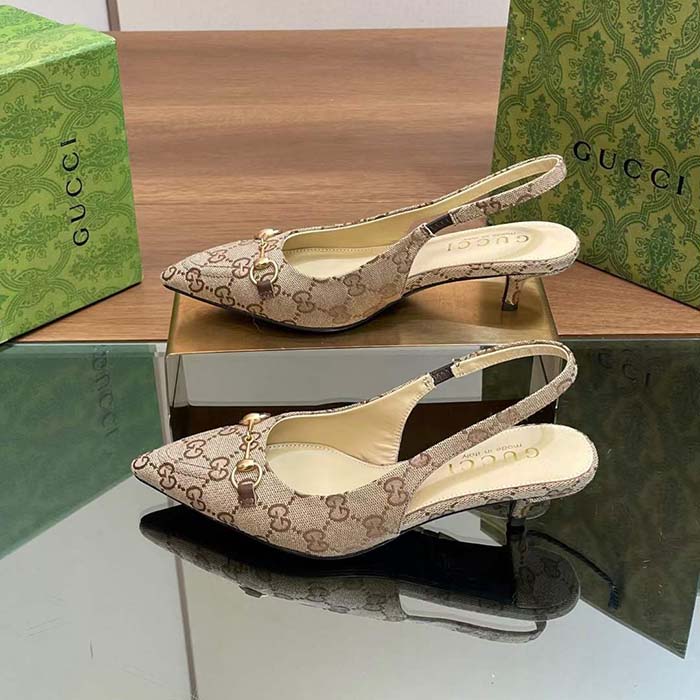 Gucci Women GG Canvas Slingback Pump Beige Ebony Horsebit Low Heel