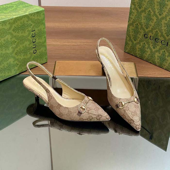 Gucci Women GG Canvas Slingback Pump Beige Ebony Horsebit Low Heel