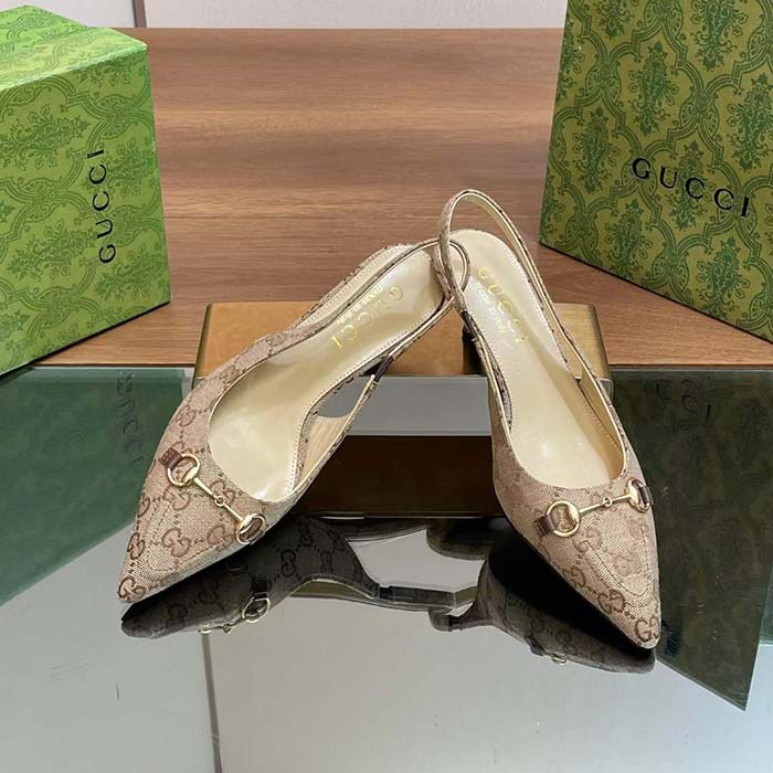 Gucci Women GG Canvas Slingback Pump Beige Ebony Horsebit Low Heel