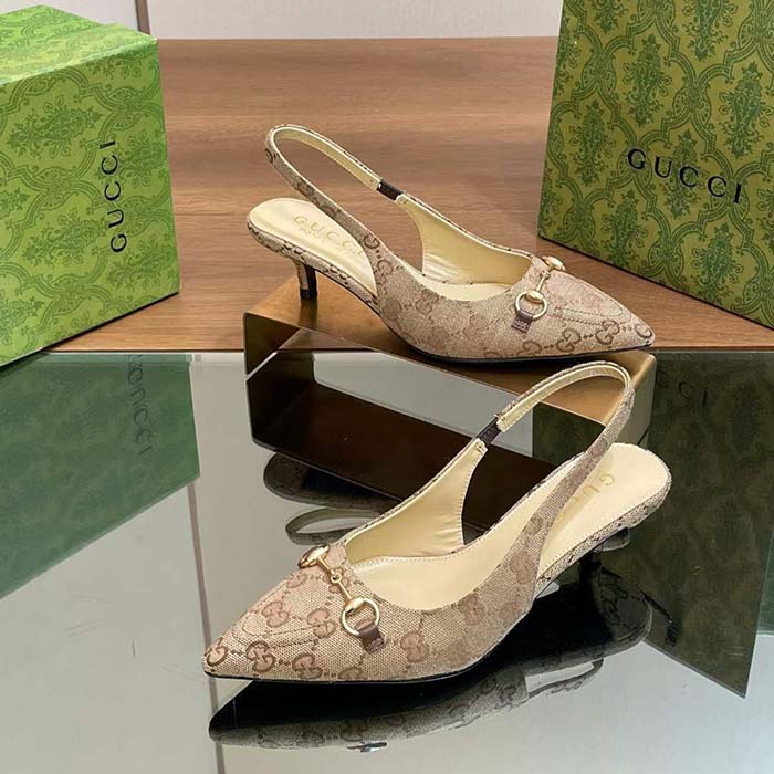 Gucci Women GG Canvas Slingback Pump Beige Ebony Horsebit Low Heel