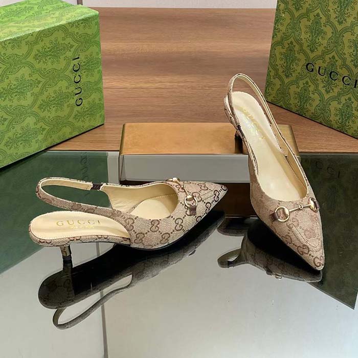 Gucci Women GG Canvas Slingback Pump Beige Ebony Horsebit Low Heel