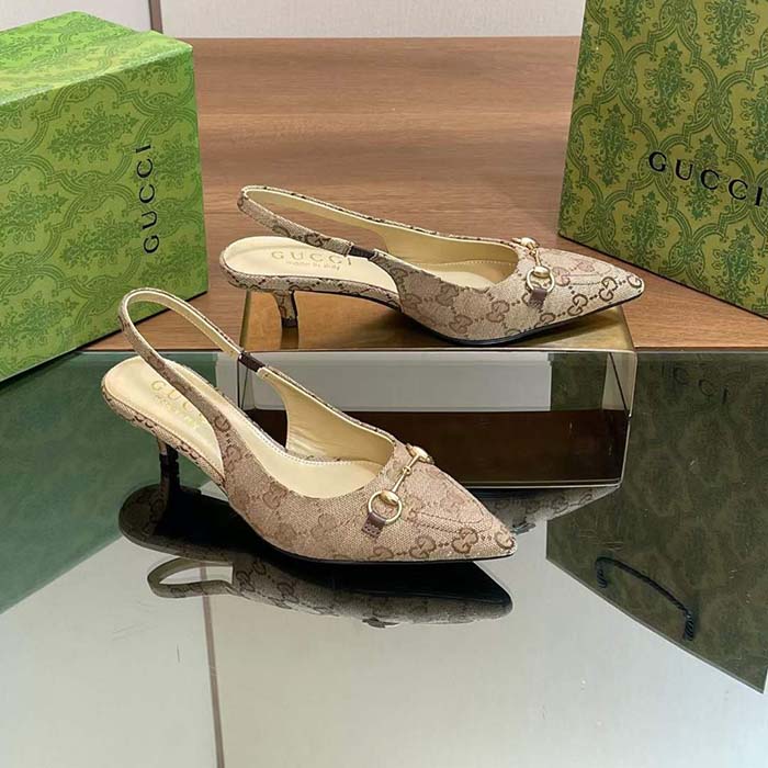 Gucci Women GG Canvas Slingback Pump Beige Ebony Horsebit Low Heel