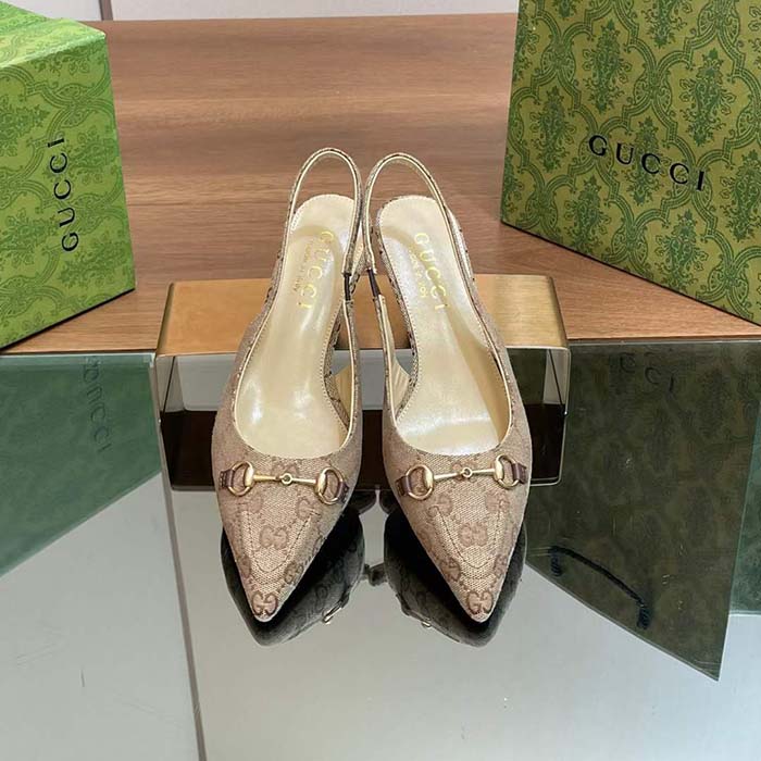 Gucci Women GG Canvas Slingback Pump Beige Ebony Horsebit Low Heel