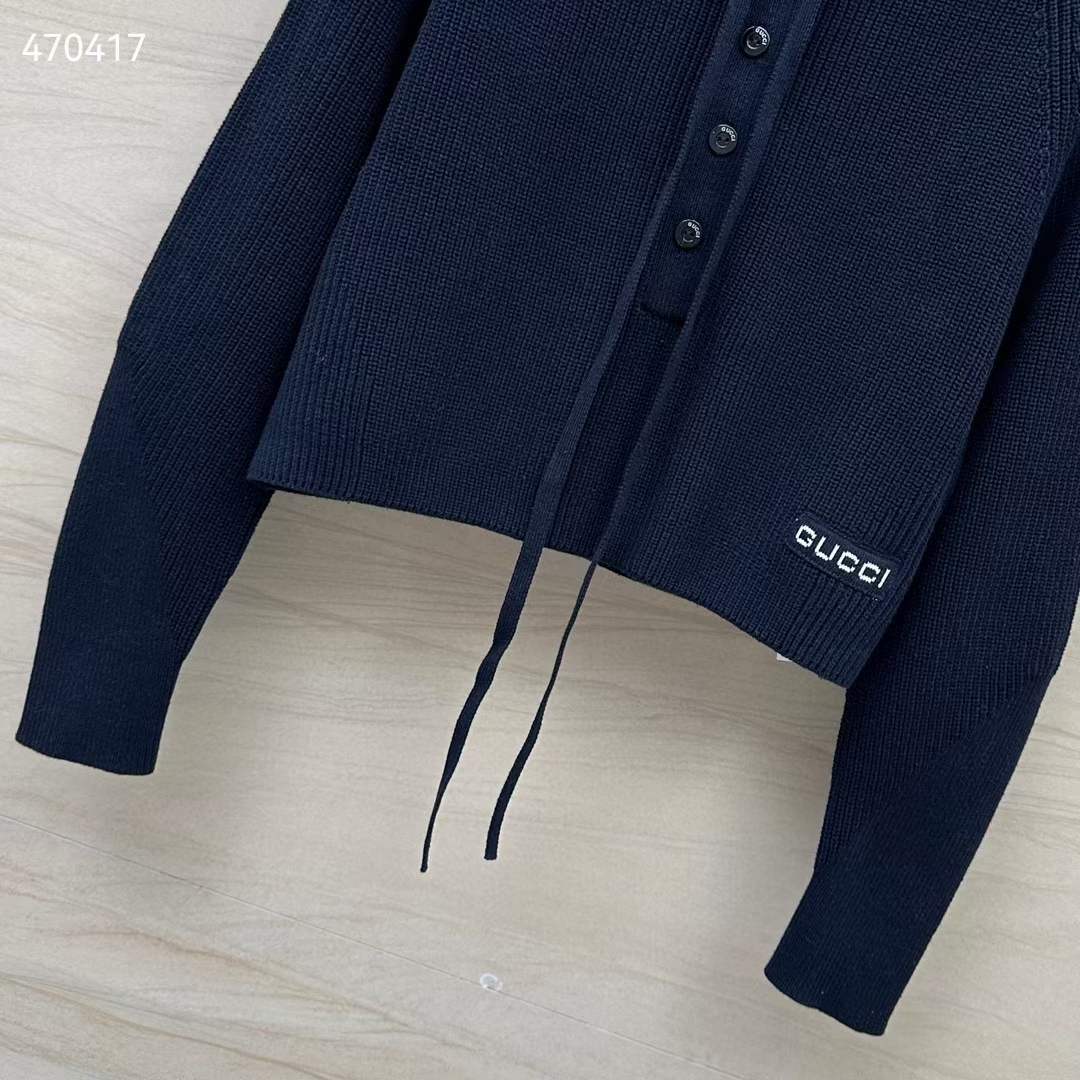 Gucci Women GG Chunky Rib Cotton Polo Top Knitted Label Raglan Long Sleeves