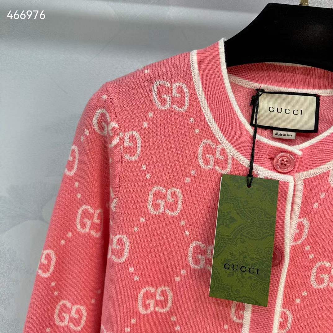 Gucci Women GG Cotton Jacquard Cardigan Pink Crewneck Long Sleeves