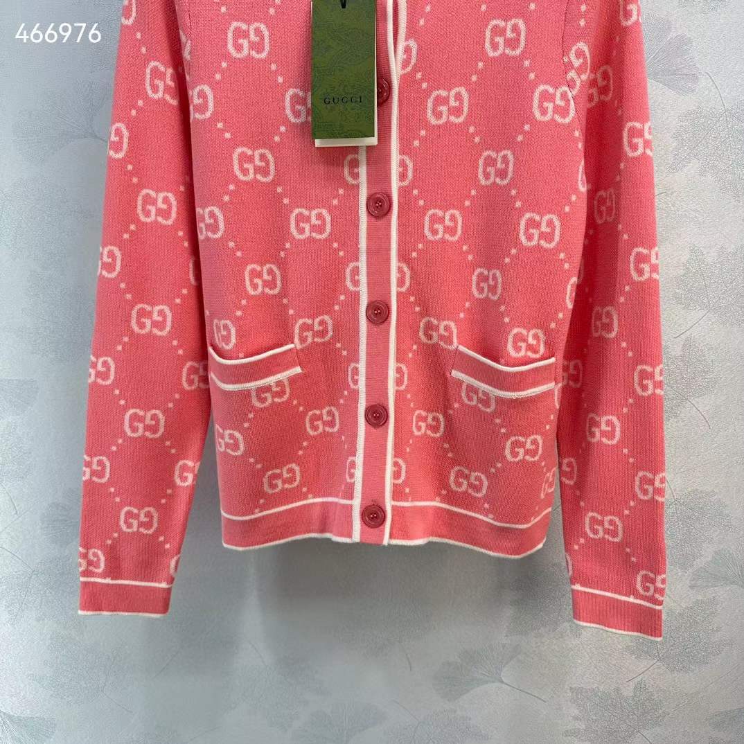 Gucci Women GG Cotton Jacquard Cardigan Pink Crewneck Long Sleeves