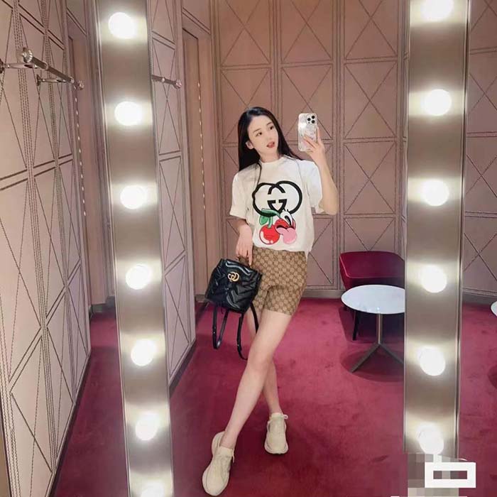 Gucci Women GG Cotton Jersey Printed T-Shirt Beige Crewneck Short Sleeves