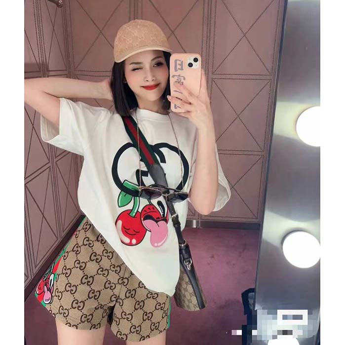 Gucci Women GG Cotton Jersey Printed T-Shirt Beige Crewneck Short Sleeves