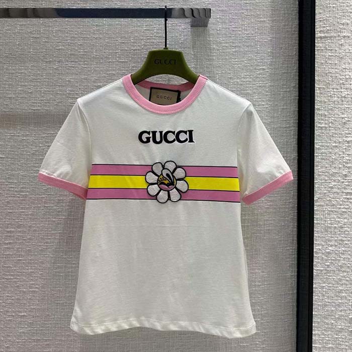 Gucci Men GG Cotton Jersey Printed T-Shirt Pink Crewneck Short Sleeves