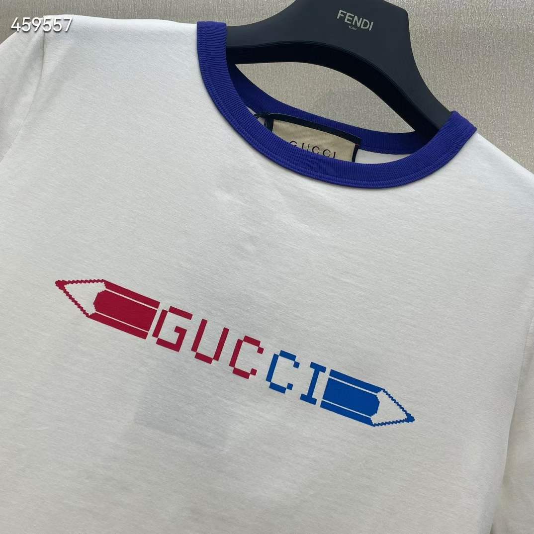 Gucci Women GG Cotton Jersey Printed T-Shirt White Blue Crewneck Short Sleeves