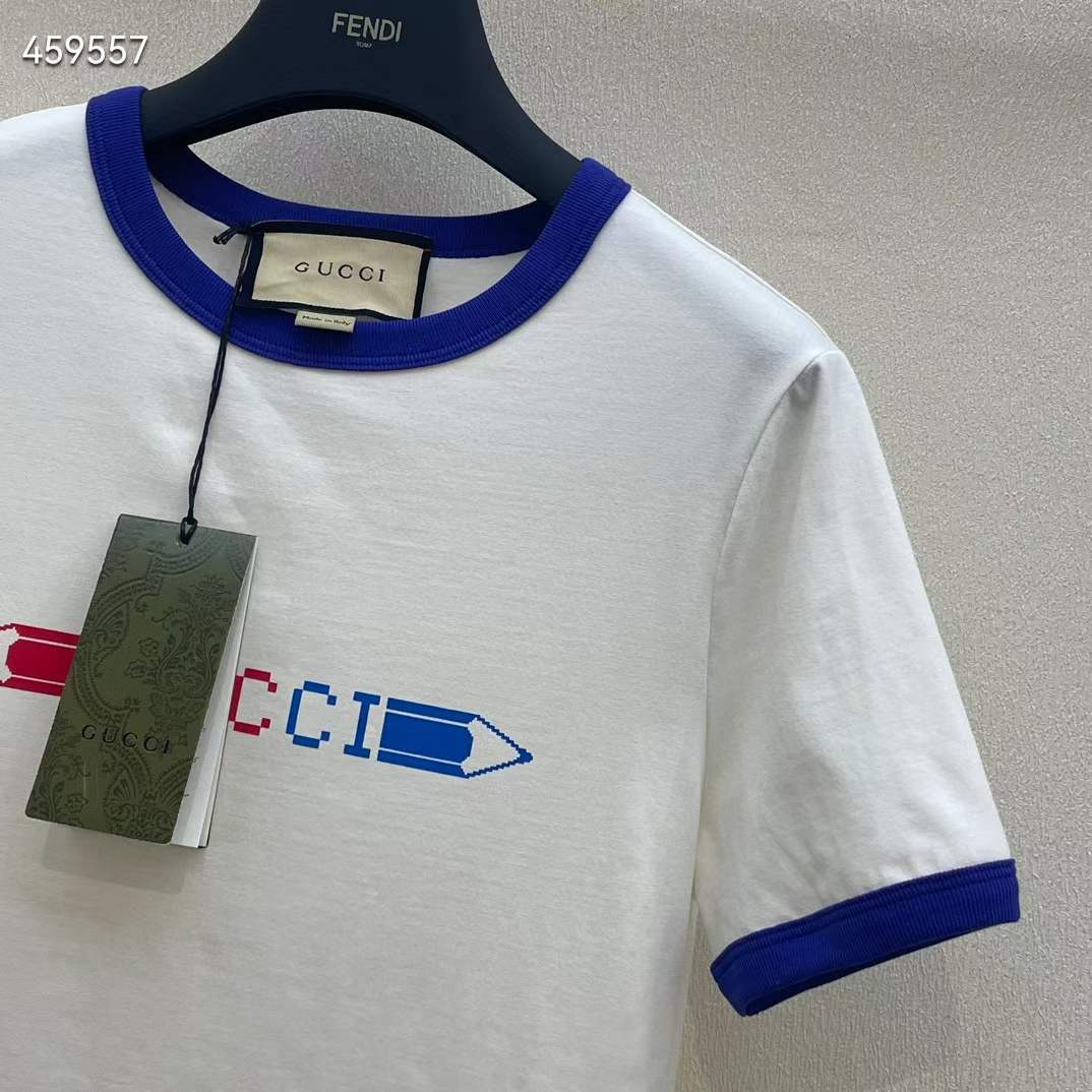 Gucci Women GG Cotton Jersey Printed T-Shirt White Blue Crewneck Short Sleeves