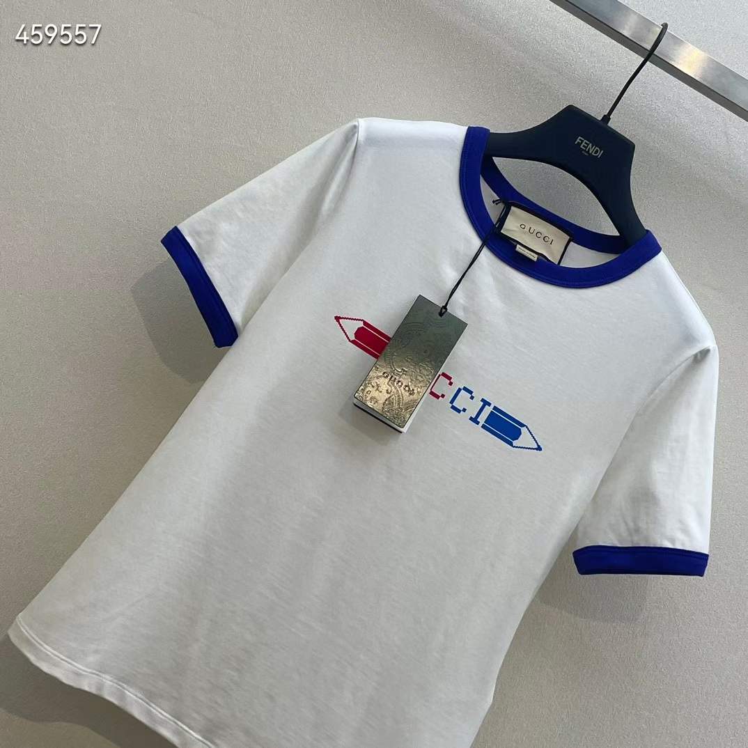 Gucci Women GG Cotton Jersey Printed T-Shirt White Blue Crewneck Short Sleeves
