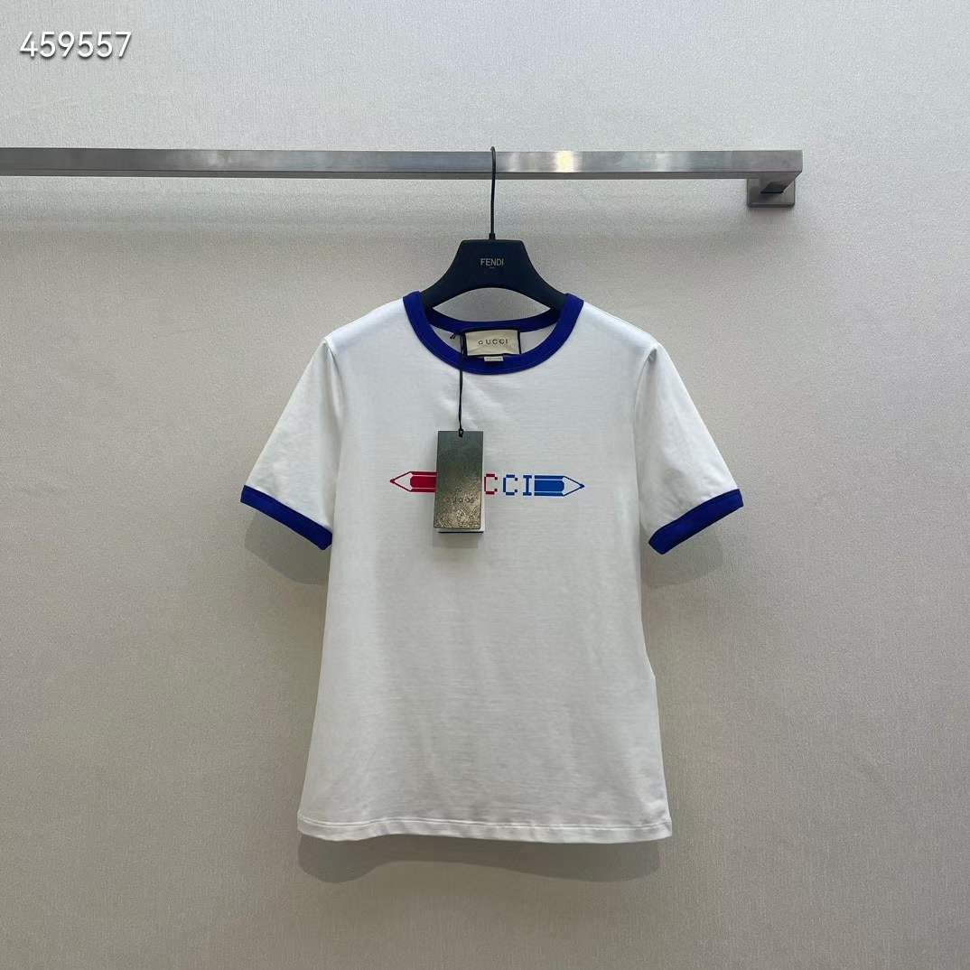 Gucci Women GG Cotton Jersey Printed T-Shirt White Blue Crewneck Short Sleeves