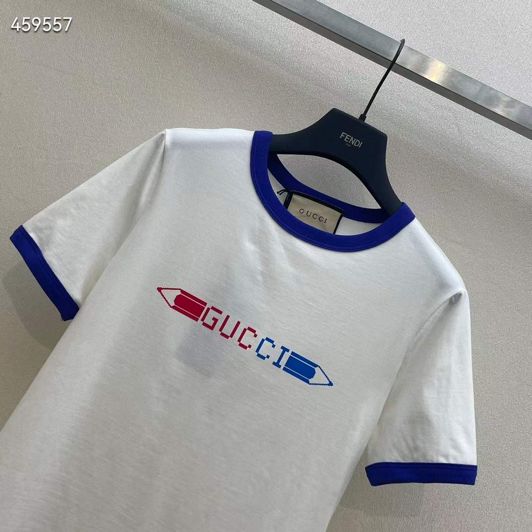 Gucci Women GG Cotton Jersey Printed T-Shirt White Blue Crewneck Short Sleeves