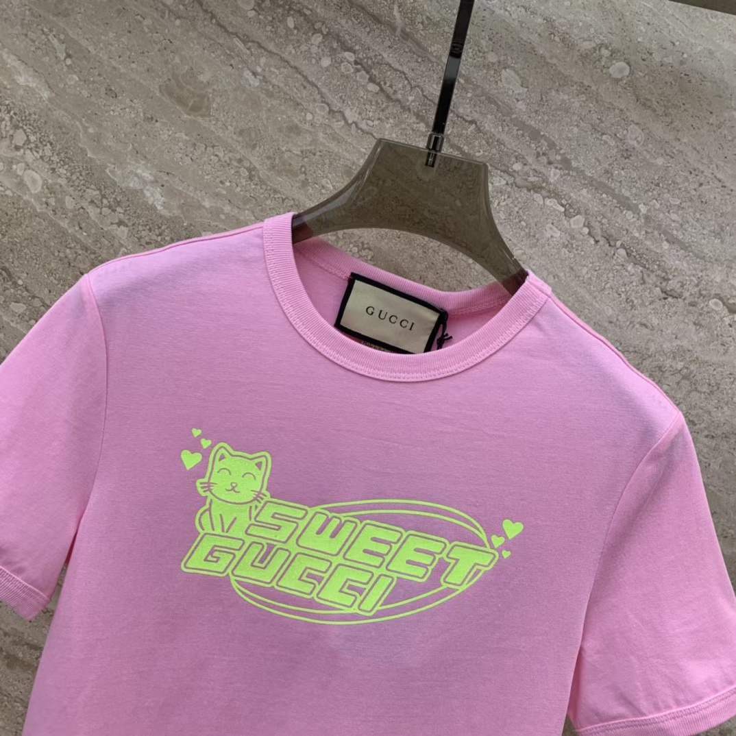 Gucci Women GG Cotton Jersey T-Shirt Sweet Gucci Kitten Crewneck Short Sleeves