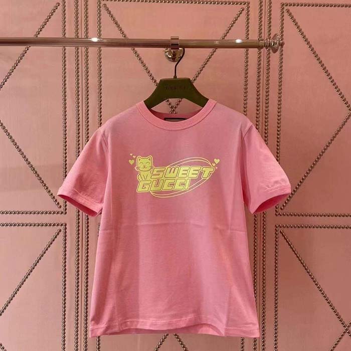 Gucci Women GG Cotton Jersey T-Shirt Sweet Gucci Kitten Crewneck Short Sleeves