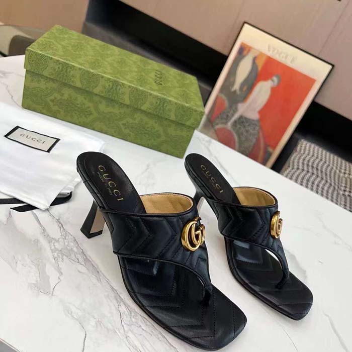 Gucci Women GG Double G Thong Sandal Black Matelassè Chevron Leather Mid-Heel
