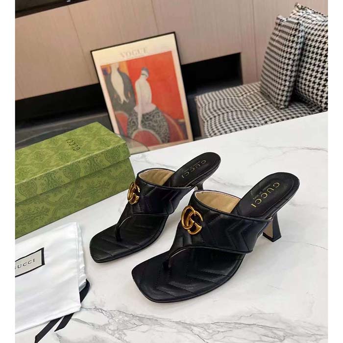 Gucci Women GG Double G Thong Sandal Black Matelassè Chevron Leather Mid-Heel