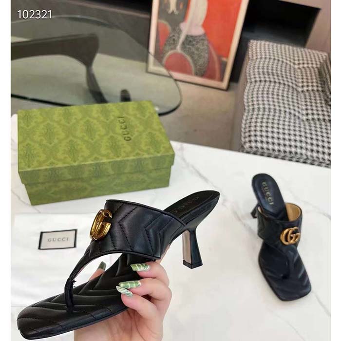 Gucci Women GG Double G Thong Sandal Black Matelassè Chevron Leather Mid-Heel
