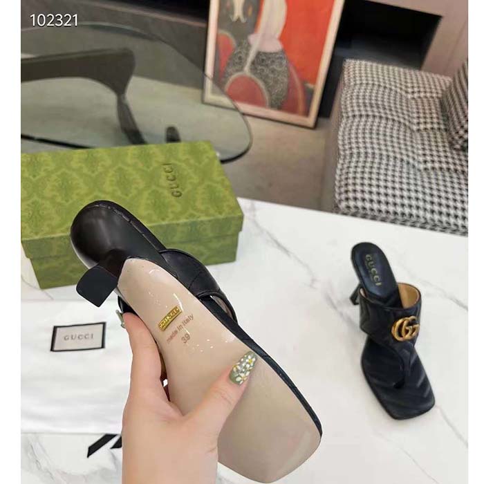 Gucci Women GG Double G Thong Sandal Black Matelassè Chevron Leather Mid-Heel