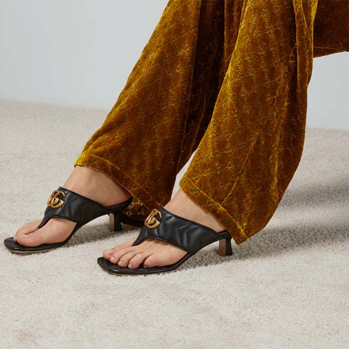 Gucci Women GG Double G Thong Sandal Black Matelassè Chevron Leather Mid-Heel
