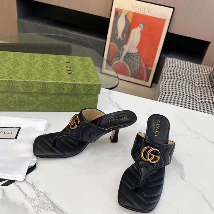 Gucci Women GG Double G Thong Sandal Black Matelassè Chevron Leather Mid-Heel