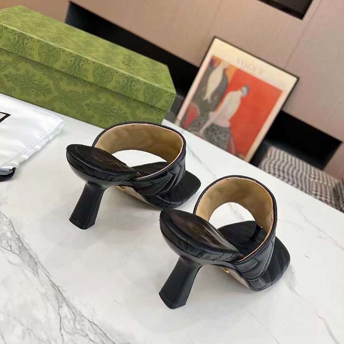 Gucci Women GG Double G Thong Sandal Black Matelassè Chevron Leather Mid-Heel