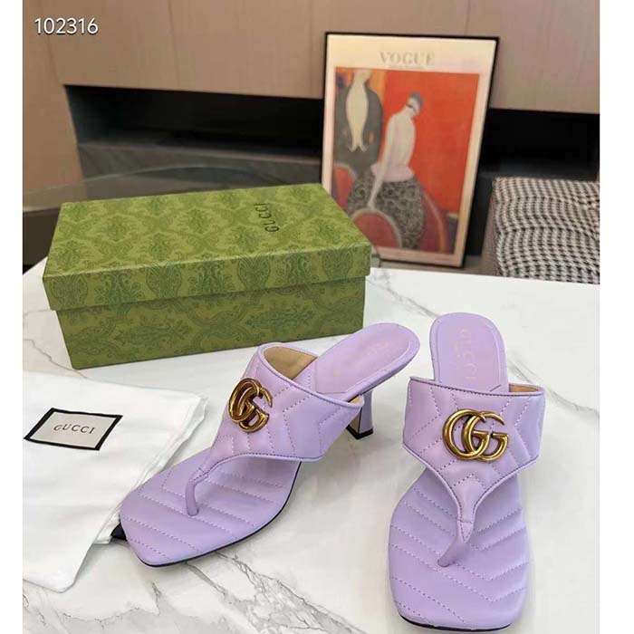 Gucci Women GG Double G Thong Sandal Lilac Matelassè Chevron Leather Mid-Heel