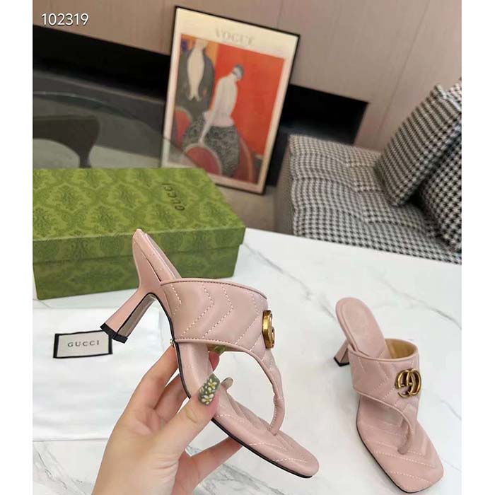Gucci Women GG Double G Thong Sandal Pink Matelassè Chevron Leather Mid-Heel