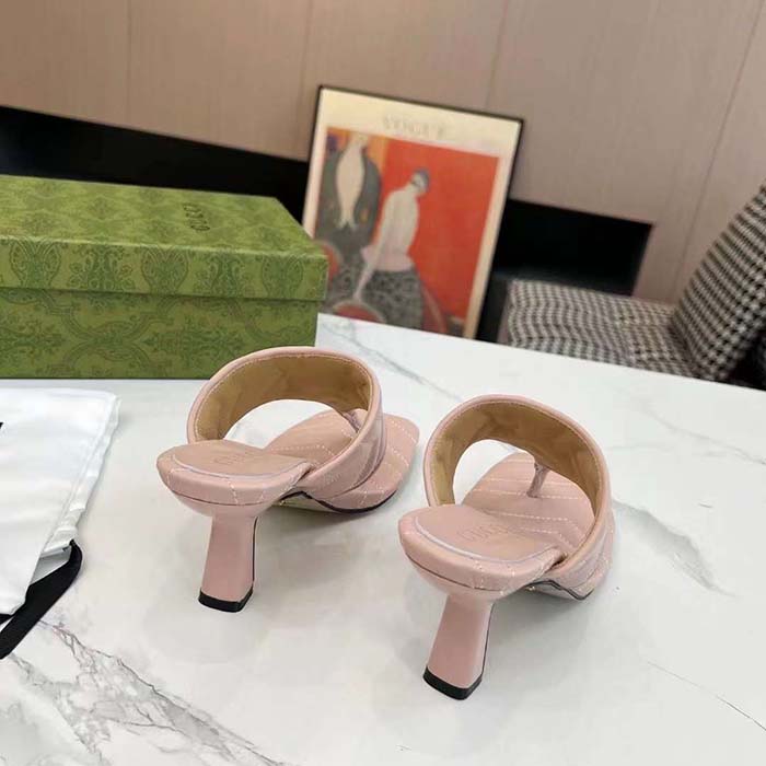 Gucci Women GG Double G Thong Sandal Pink Matelassè Chevron Leather Mid-Heel
