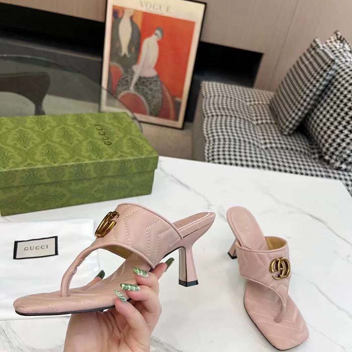 Gucci Women GG Double G Thong Sandal Pink Matelassè Chevron Leather Mid-Heel