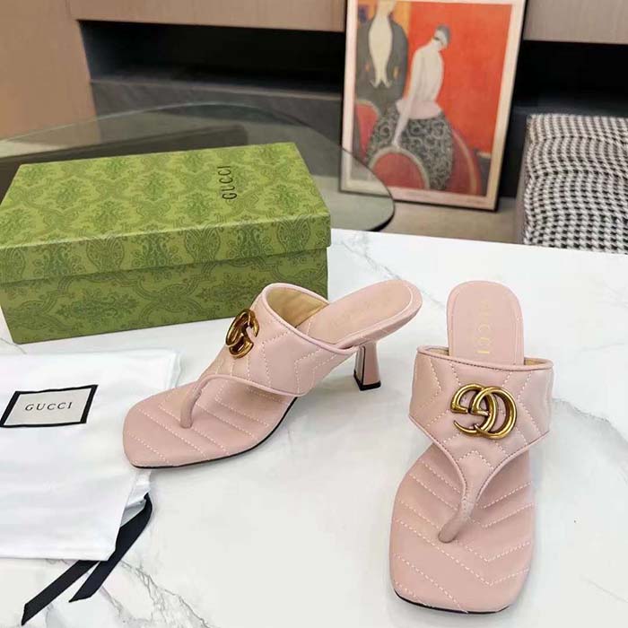 Gucci Women GG Double G Thong Sandal Pink Matelassè Chevron Leather Mid-Heel