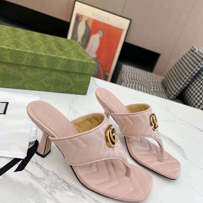 Gucci Women GG Double G Thong Sandal Pink Matelassè Chevron Leather Mid-Heel