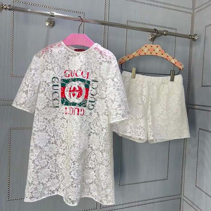Gucci Women GG Floral Cotton Lace Top Print Crewneck Dropped Shoulder Short Sleeves