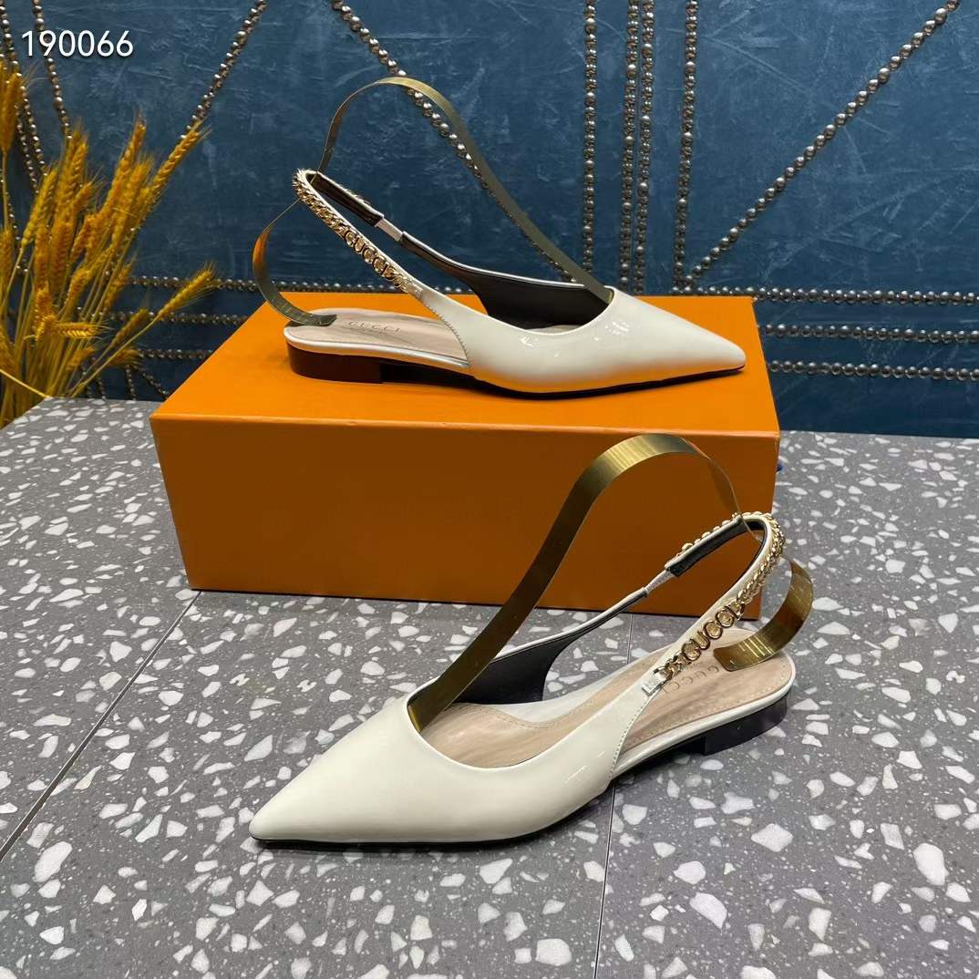 Gucci Women GG Gucci Signoria Ballet Flat White Patent Leather Pointed Toe