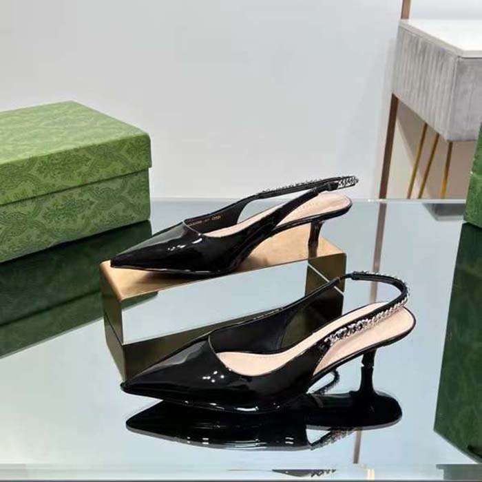 Gucci Women GG Gucci Signoria Slingback Pump Black Patent Leather Low Heel