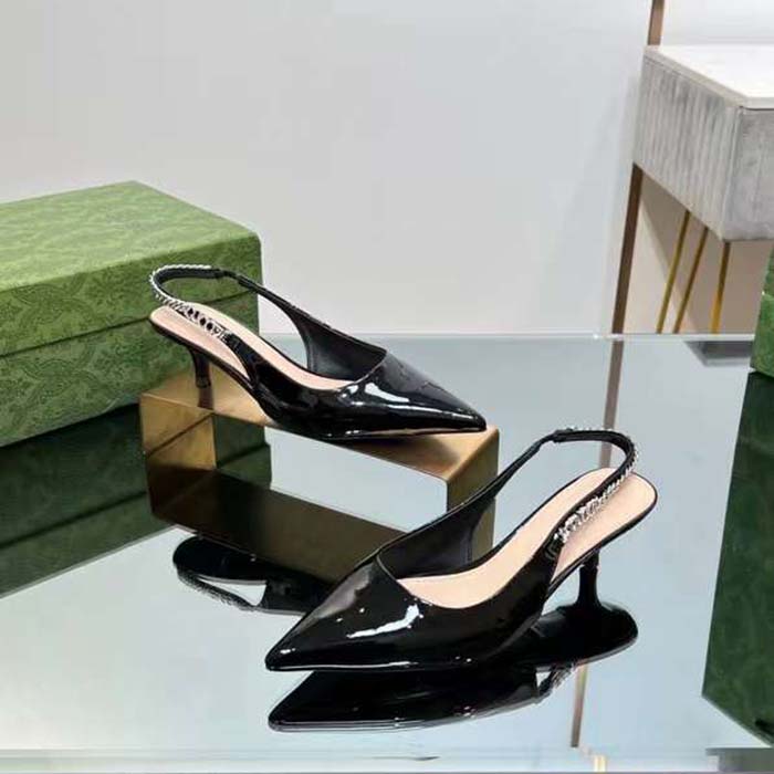 Gucci Women GG Gucci Signoria Slingback Pump Black Patent Leather Low Heel
