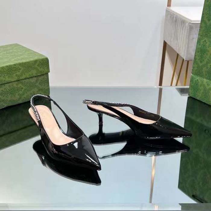 Gucci Women GG Gucci Signoria Slingback Pump Black Patent Leather Low Heel