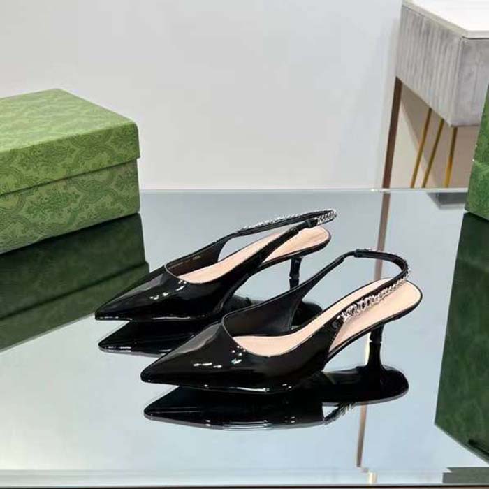 Gucci Women GG Gucci Signoria Slingback Pump Black Patent Leather Low Heel
