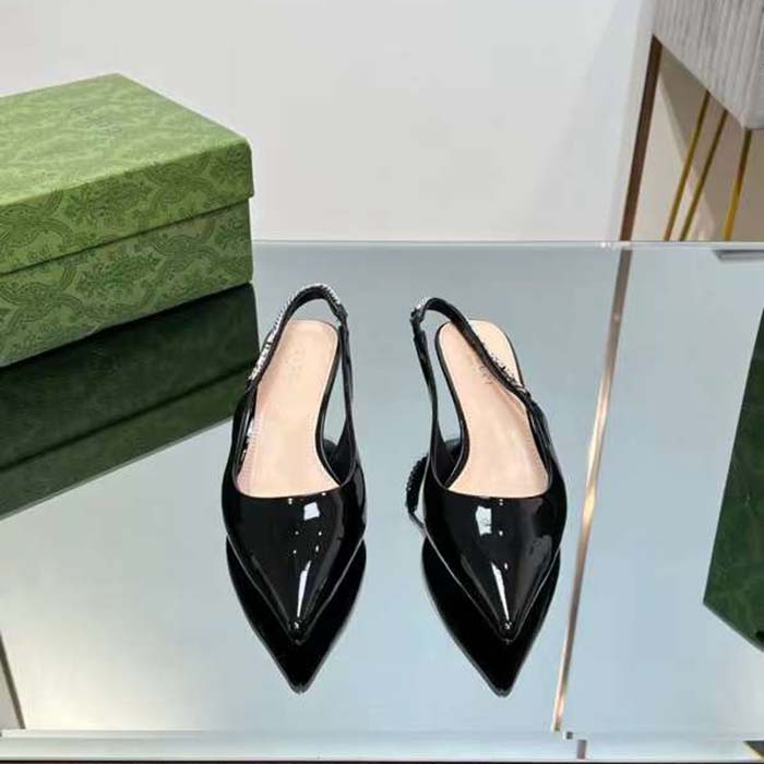 Gucci Women GG Gucci Signoria Slingback Pump Black Patent Leather Low Heel