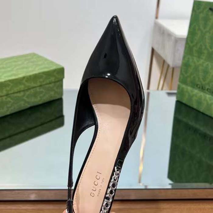 Gucci Women GG Gucci Signoria Slingback Pump Black Patent Leather Low Heel