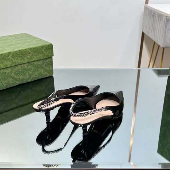 Gucci Women GG Gucci Signoria Slingback Pump Black Patent Leather Low Heel