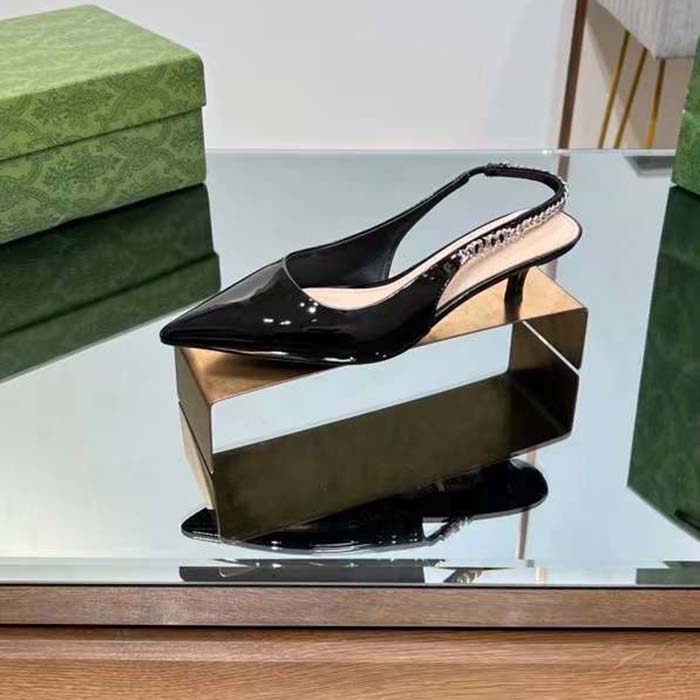 Gucci Women GG Gucci Signoria Slingback Pump Black Patent Leather Low Heel