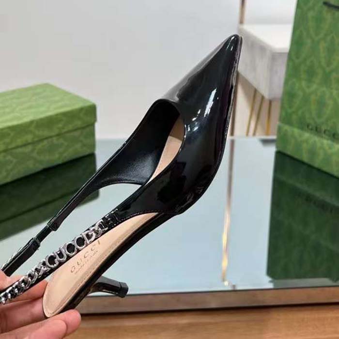 Gucci Women GG Gucci Signoria Slingback Pump Black Patent Leather Low Heel