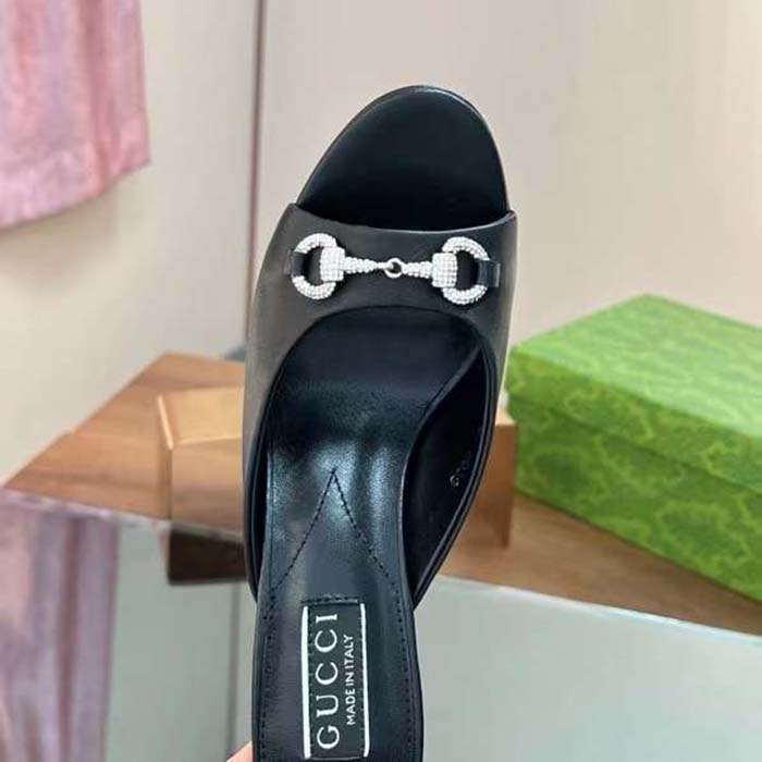 Gucci Women GG Horsebit Mid-Heel Slide Sandal Black Leather Crystals