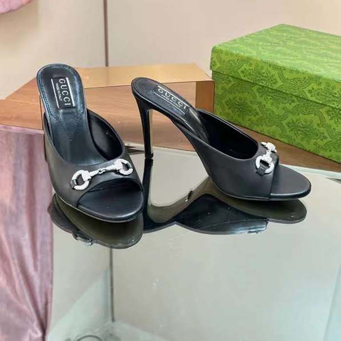 Gucci Women GG Horsebit Mid-Heel Slide Sandal Black Leather Crystals