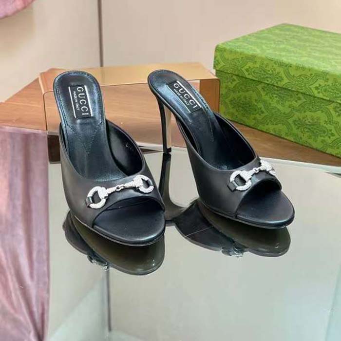 Gucci Women GG Horsebit Mid-Heel Slide Sandal Black Leather Crystals