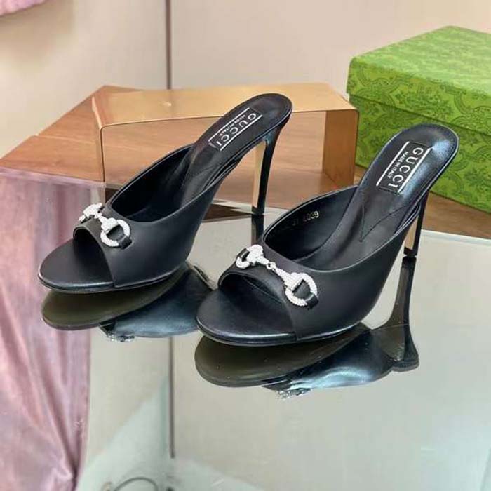 Gucci Women GG Horsebit Mid-Heel Slide Sandal Black Leather Crystals