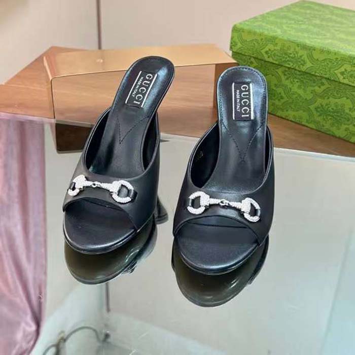 Gucci Women GG Horsebit Mid-Heel Slide Sandal Black Leather Crystals